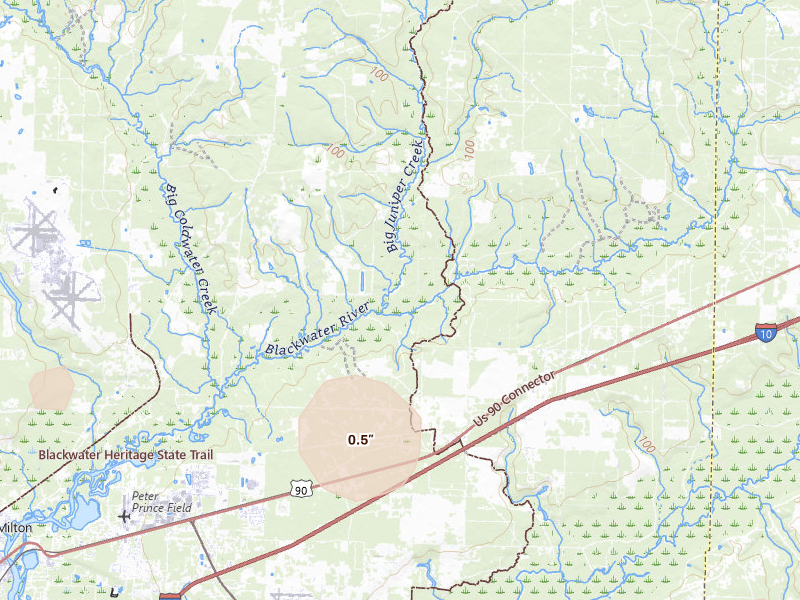 Radar-estimated hail-size map of the storm over Holt, FL on Aug 20, 2026