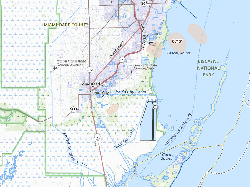 Radar-estimated hail-size map of the storm over Homestead, FL on May 3, 2026