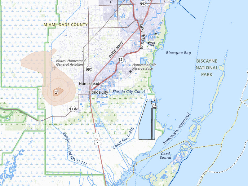 Radar-estimated hail-size map of the storm over Homestead, FL on Jul 1, 2026