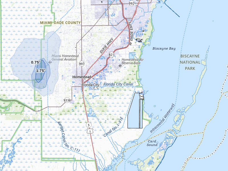 NEXRAD radar-signature map of the hail storm over Homestead, FL on Jul 1, 2026