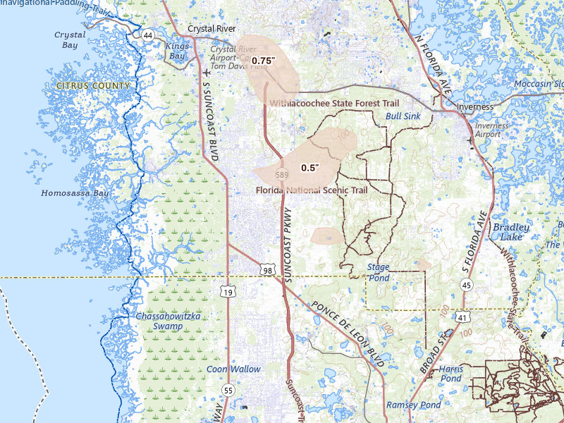 Radar-estimated hail-size map of the storm over Homosassa, FL on May 17, 2026