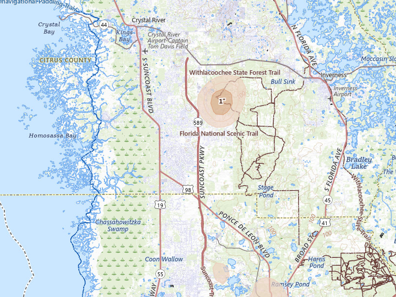 Radar-estimated hail-size map of the storm over Homosassa, FL on Jul 10, 2026