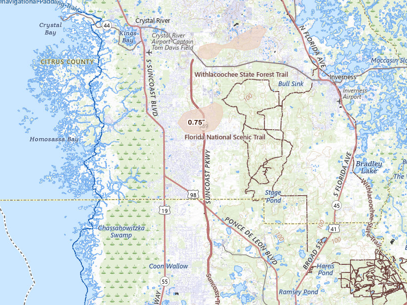 Radar-estimated hail-size map of the storm over Homosassa, FL on Jul 11, 2026