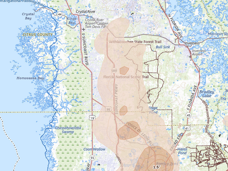 Radar-estimated hail-size map of the storm over Homosassa, FL on Jul 17, 2026