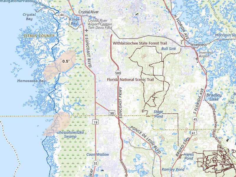 Radar-estimated hail-size map of the storm over Homosassa, FL on Jul 27, 2026