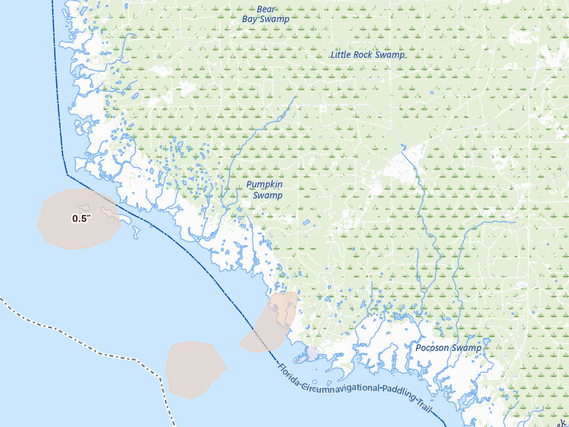 Radar-estimated hail-size map of the storm over Horseshoe Beach, FL on Jun 30, 2026