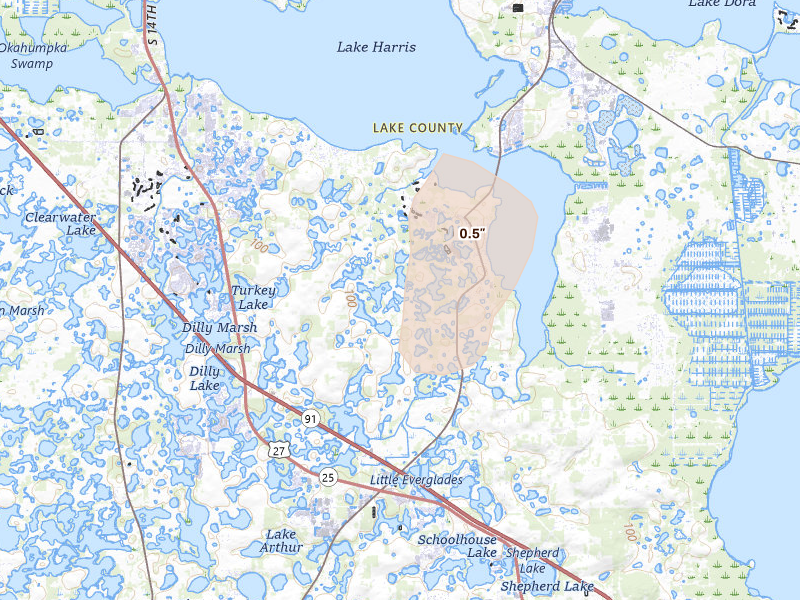 Radar-estimated hail-size map of the storm over Howey In The Hills, FL on Jun 18, 2026