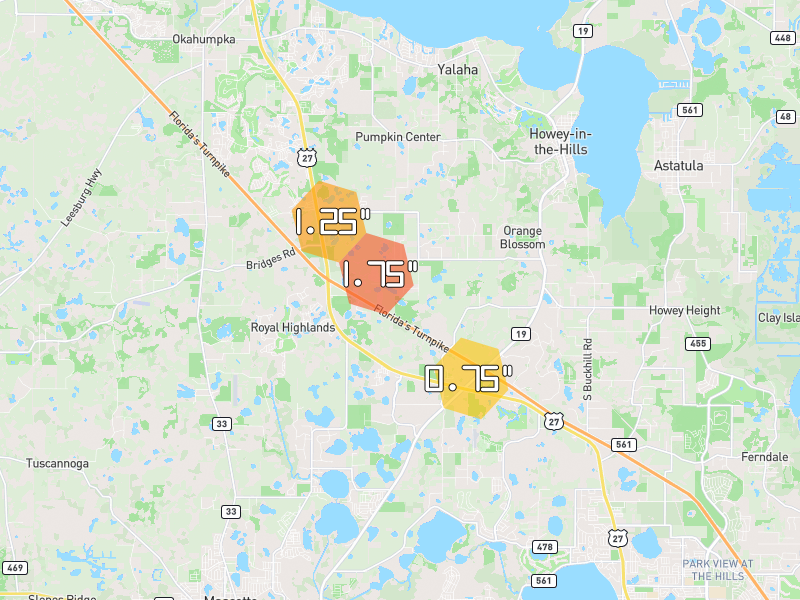 Hail map of Howey in the Hills, FL on Jun 29, 2026, hail up to 1.75"