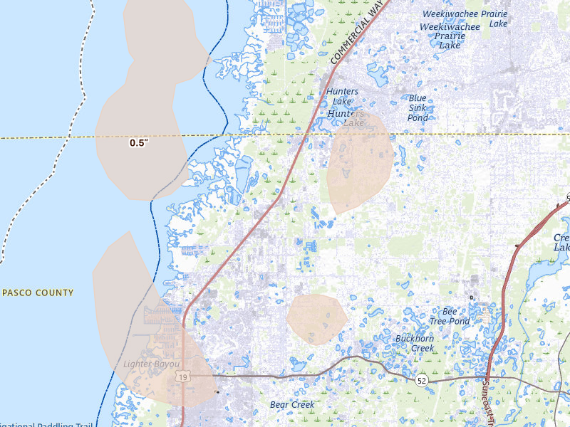 Radar-estimated hail-size map of the storm over Hudson, FL on Aug 19, 2026