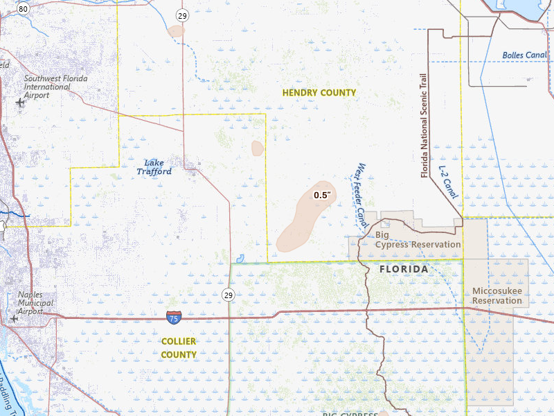 Radar-estimated hail-size map of the storm over Immokalee, FL on May 16, 2026
