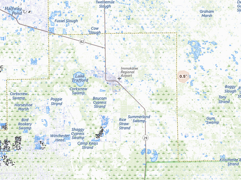 Radar-estimated hail-size map of the storm over Immokalee, FL on May 18, 2026