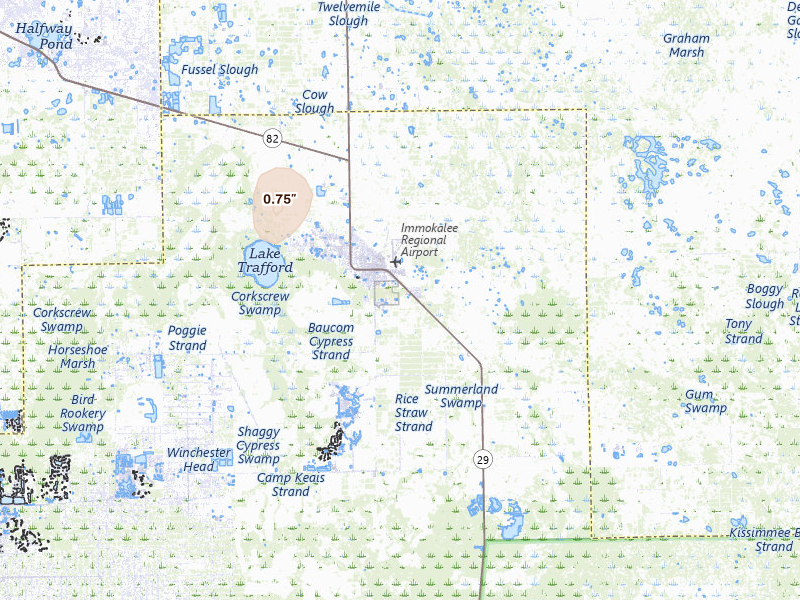 Radar-estimated hail-size map of the storm over Immokalee, FL on Jun 11, 2026