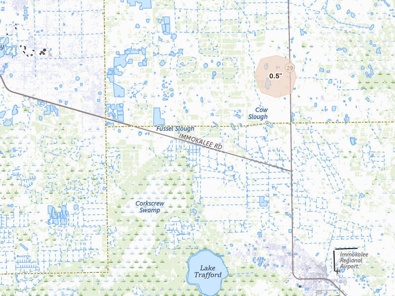 Radar-estimated hail-size map of the storm over Immokalee, FL on Jun 30, 2026