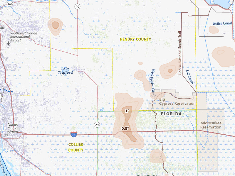 Radar-estimated hail-size map of the storm over Immokalee, FL on Jul 13, 2026