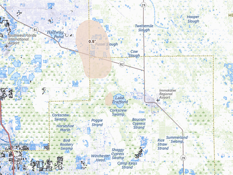 Radar-estimated hail-size map of the storm over Immokalee, FL on Aug 7, 2026