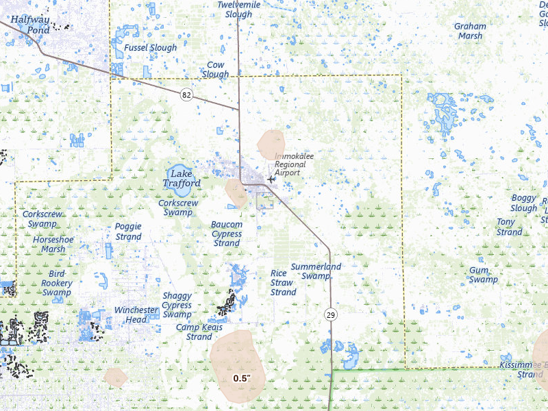 Radar-estimated hail-size map of the storm over Immokalee, FL on Aug 12, 2026
