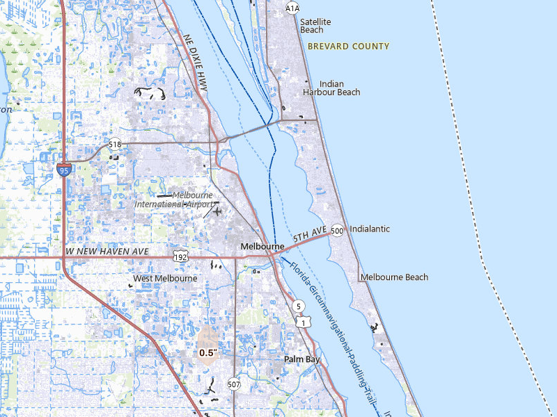 Radar-estimated hail-size map of the storm over Indialantic, FL on Mar 16, 2026
