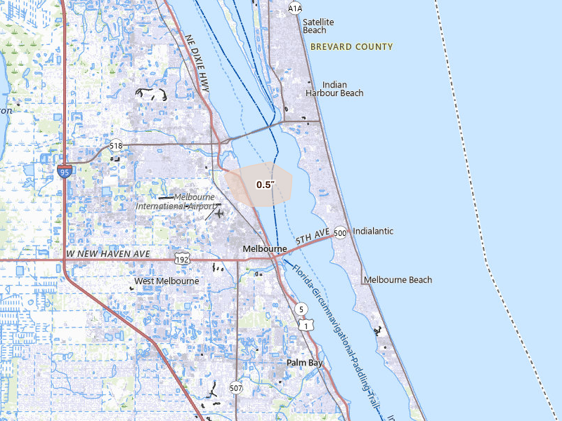 Radar-estimated hail-size map of the storm over Indialantic, FL on Jun 2, 2026