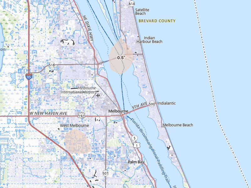 Radar-estimated hail-size map of the storm over Indialantic, FL on Jun 3, 2026