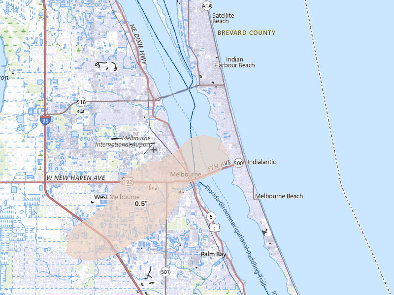 Radar-estimated hail-size map of the storm over Indialantic, FL on Jun 14, 2026
