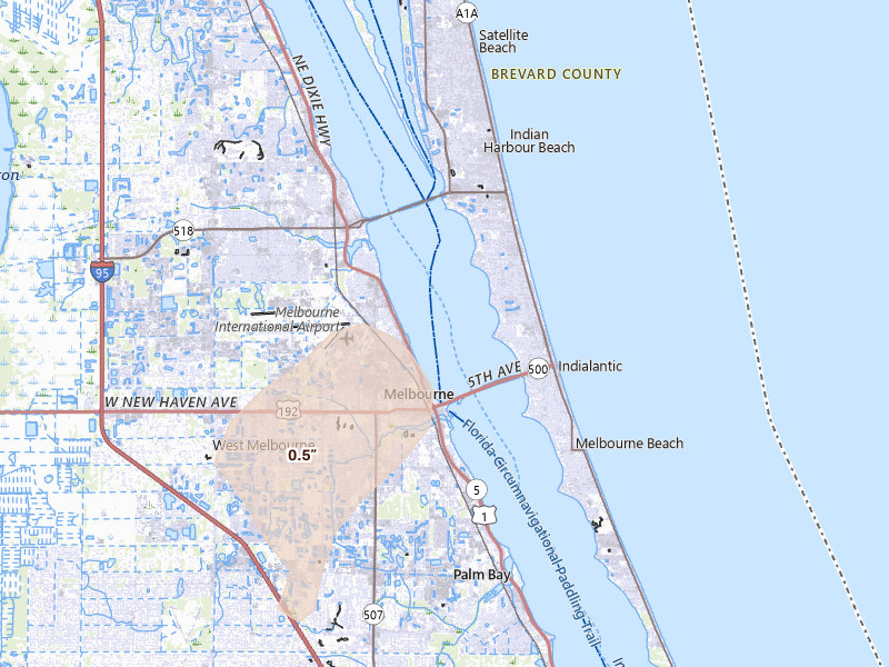 Radar-estimated hail-size map of the storm over Indialantic, FL on Jun 17, 2026
