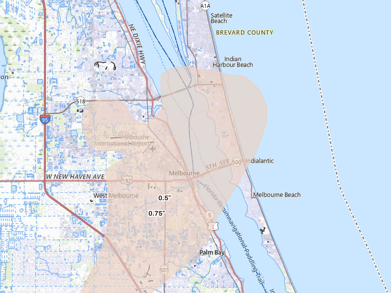 Radar-estimated hail-size map of the storm over Indialantic, FL on Jun 23, 2026
