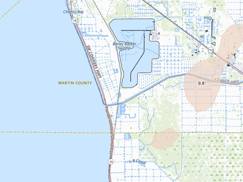 Radar-estimated hail-size map of the storm over Indiantown, FL on Jun 25, 2026
