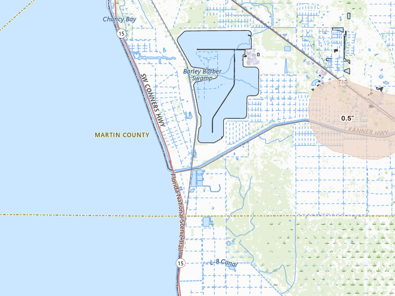 Radar-estimated hail-size map of the storm over Indiantown, FL on Jul 3, 2026