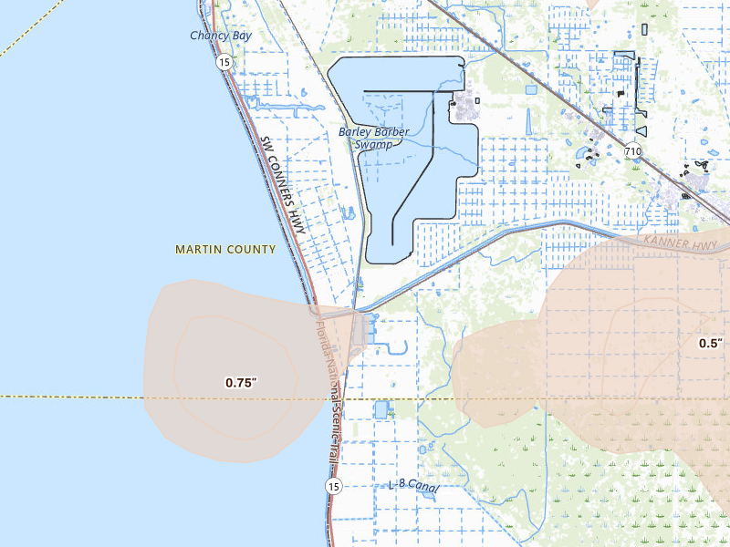 Radar-estimated hail-size map of the storm over Indiantown, FL on Jul 5, 2026