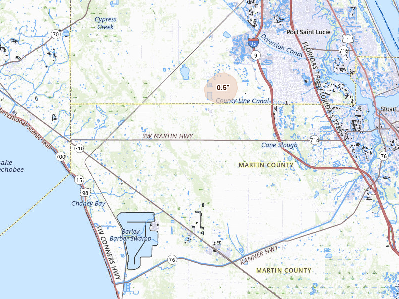 Radar-estimated hail-size map of the storm over Indiantown, FL on Jul 7, 2026