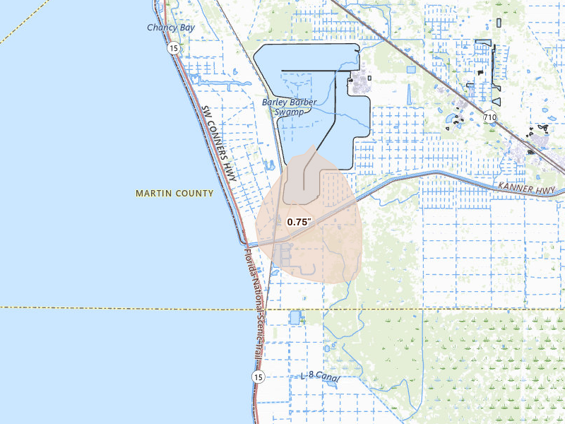Radar-estimated hail-size map of the storm over Indiantown, FL on Sep 3, 2026