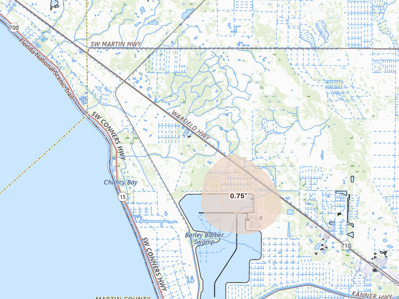 Radar-estimated hail-size map of the storm over Indiantown, FL on Sep 5, 2026