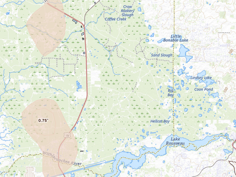 Radar-estimated hail-size map of the storm over Inglis, FL on Apr 3, 2026