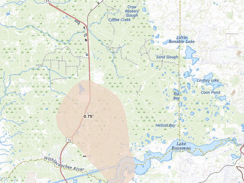 Radar-estimated hail-size map of the storm over Inglis, FL on May 17, 2026