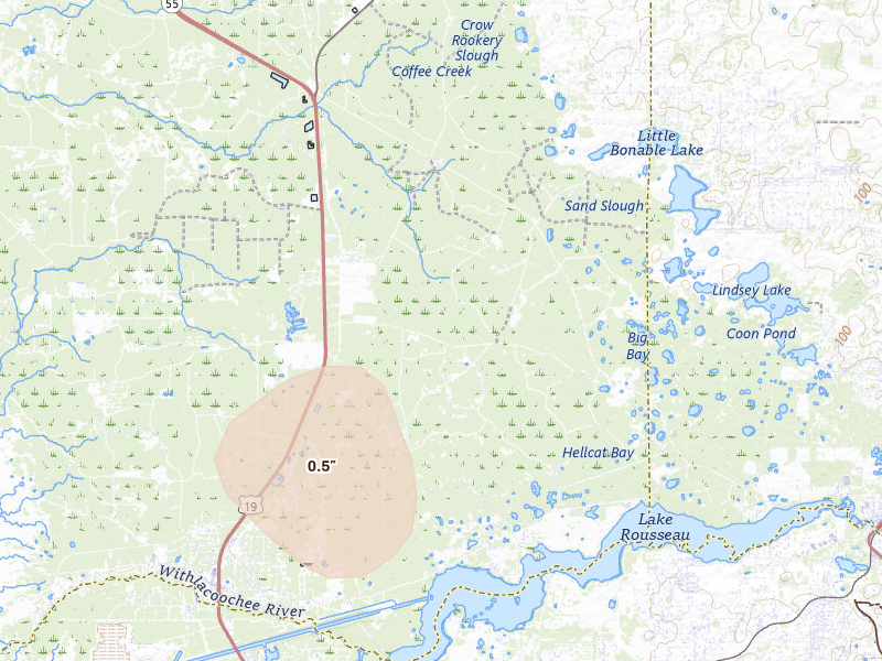 Radar-estimated hail-size map of the storm over Inglis, FL on Jun 30, 2026