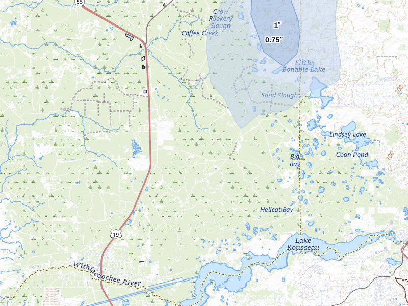 NEXRAD radar-signature map of the hail storm over Inglis, FL on Jul 12, 2026