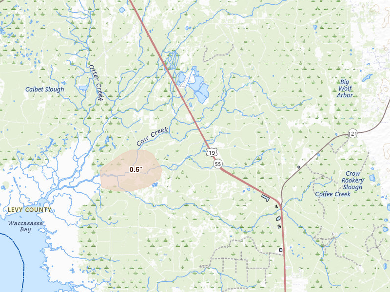Radar-estimated hail-size map of the storm over Inglis, FL on Aug 29, 2026