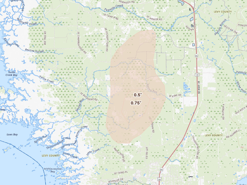 Radar-estimated hail-size map of the storm over Inglis, FL