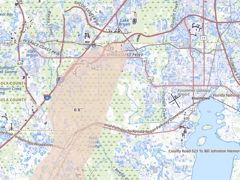 Radar-estimated hail-size map of the storm over Intercession City, FL on Mar 15, 2026