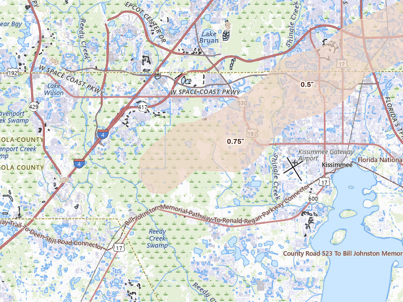 Radar-estimated hail-size map of the storm over Intercession City, FL on Mar 16, 2026