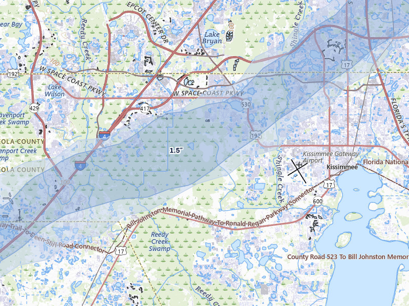 NEXRAD radar-signature map of the hail storm over Intercession City, FL on Mar 16, 2026