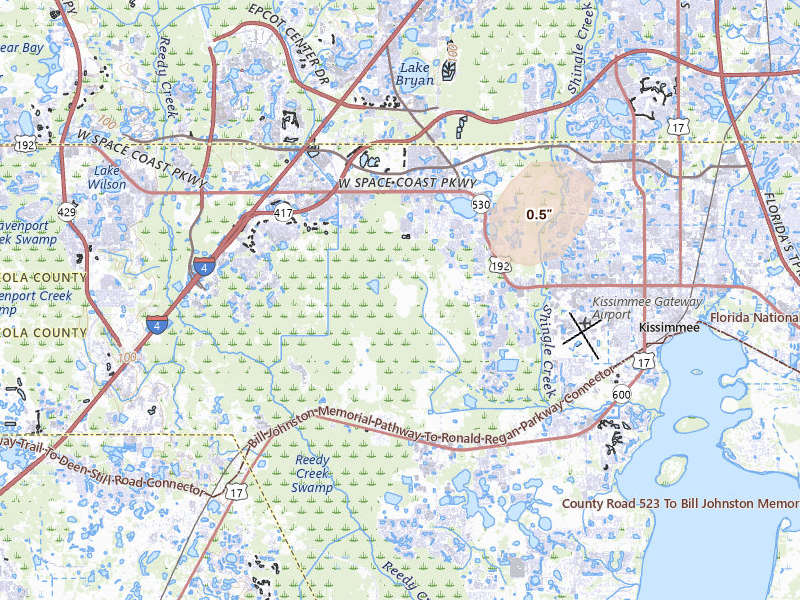 Radar-estimated hail-size map of the storm over Intercession City, FL on Jun 18, 2026