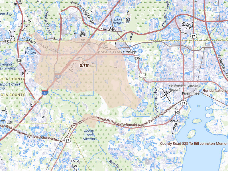 Radar-estimated hail-size map of the storm over Intercession City, FL on Jun 27, 2026
