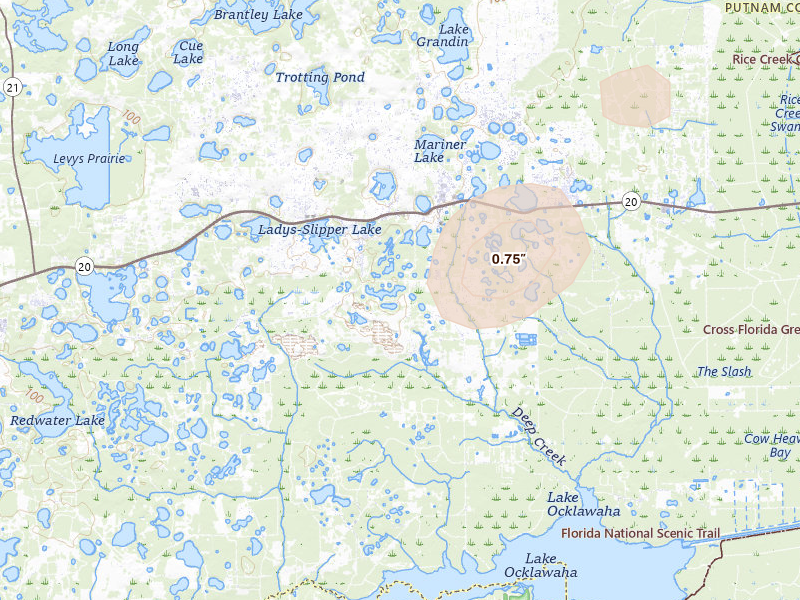Radar-estimated hail-size map of the storm over Interlachen, FL on Jul 10, 2026
