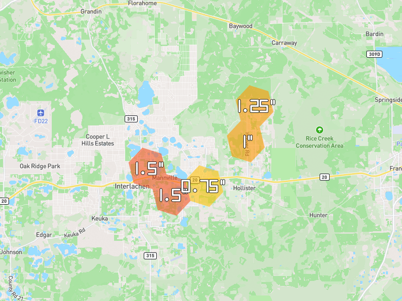 Hail map of Interlachen, FL on Jul 10, 2026, hail up to 1.5"