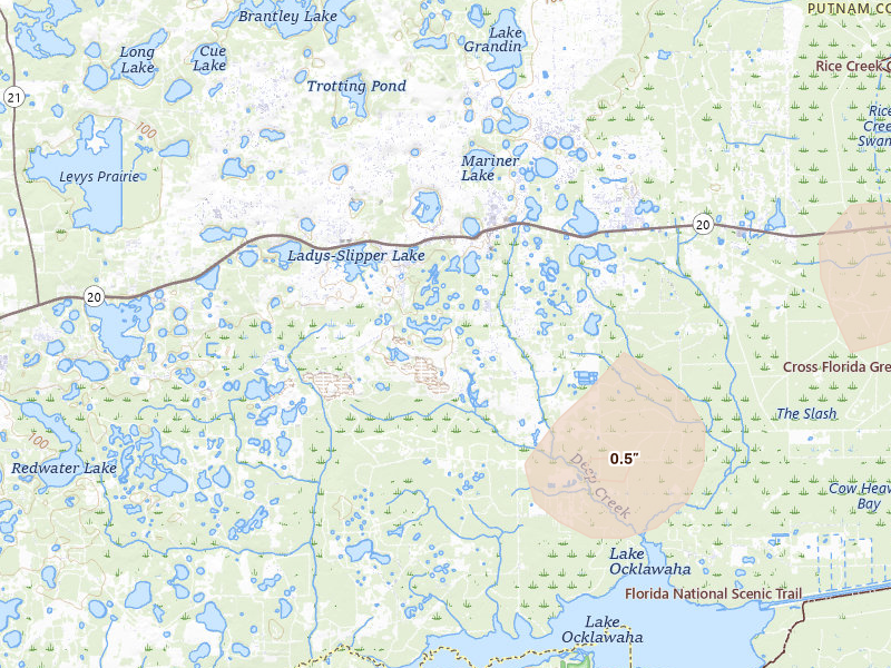 Radar-estimated hail-size map of the storm over Interlachen, FL on Aug 20, 2026