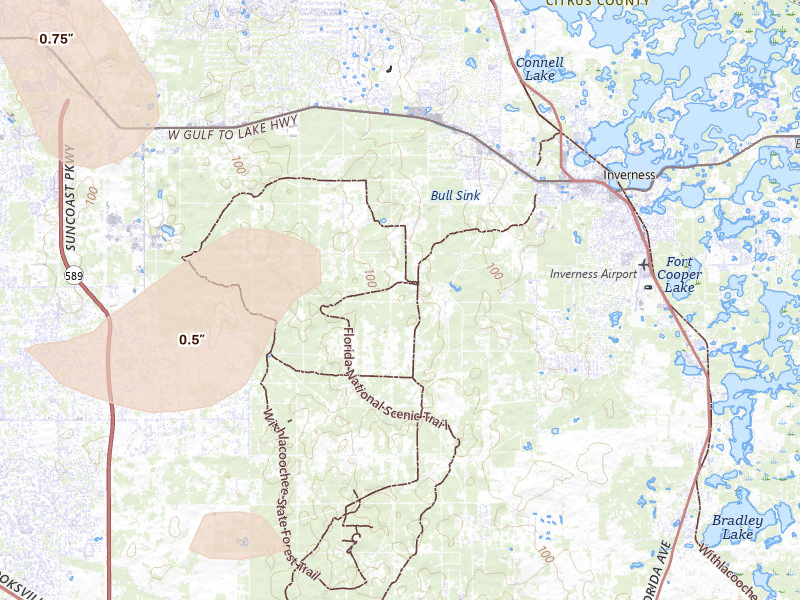 Radar-estimated hail-size map of the storm over Inverness, FL on May 17, 2026