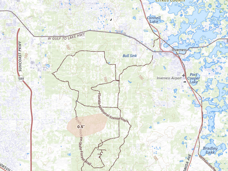 Radar-estimated hail-size map of the storm over Inverness, FL on May 21, 2026