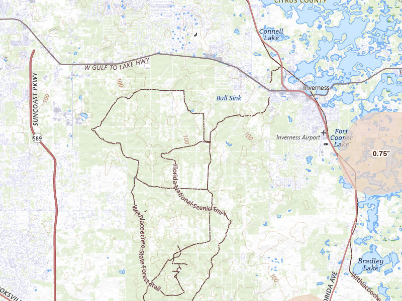 Radar-estimated hail-size map of the storm over Inverness, FL on Jun 24, 2026