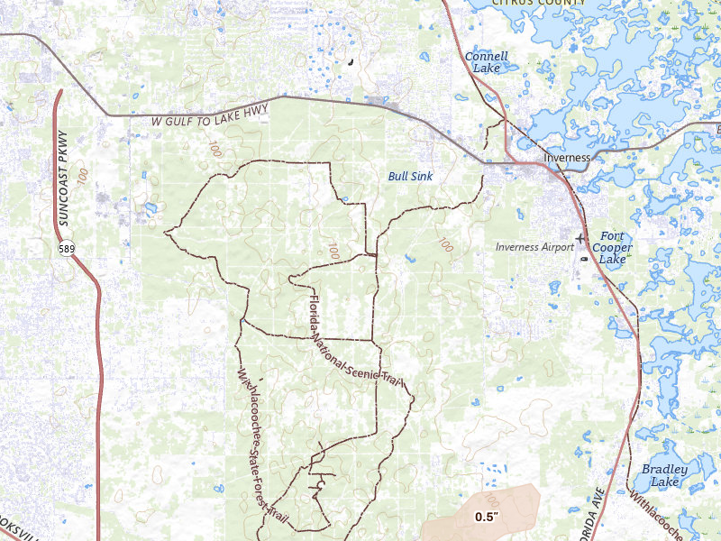 Radar-estimated hail-size map of the storm over Inverness, FL on Jul 25, 2026